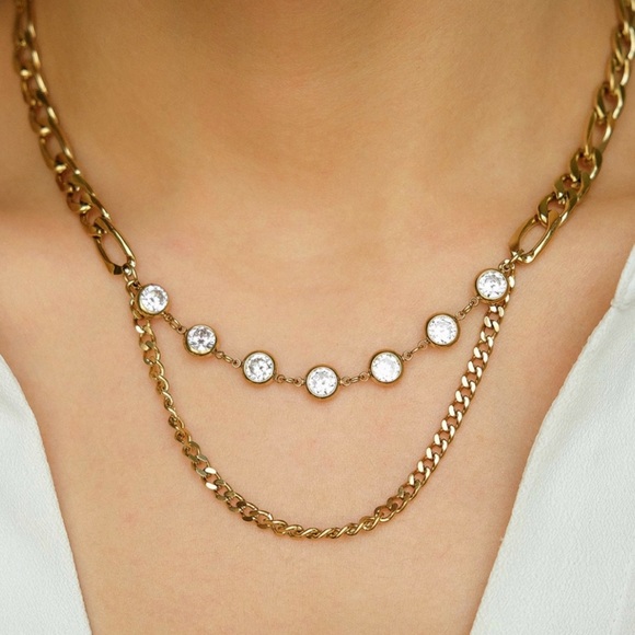 Zirconia Layer Link Chain Necklace | 18K Gold Plated Stainless Steel - Picture 3 of 4